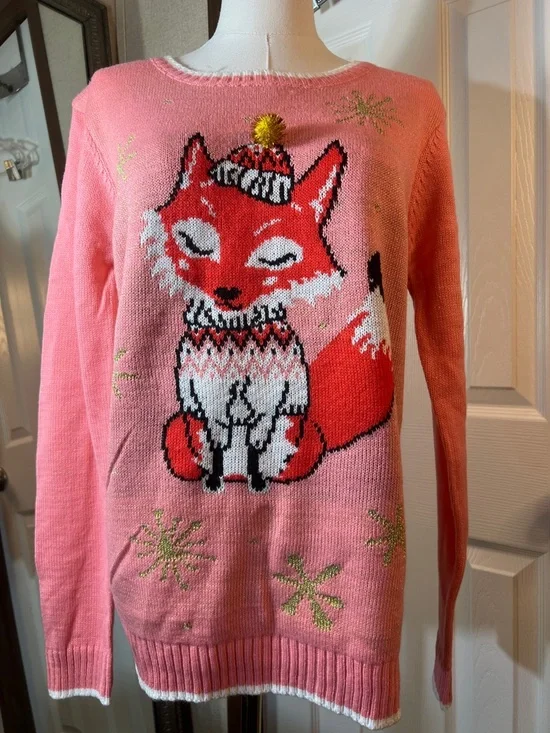 Women's Pink Fox Crewneck Sweater with Pom Accent - Picture 1 of 9